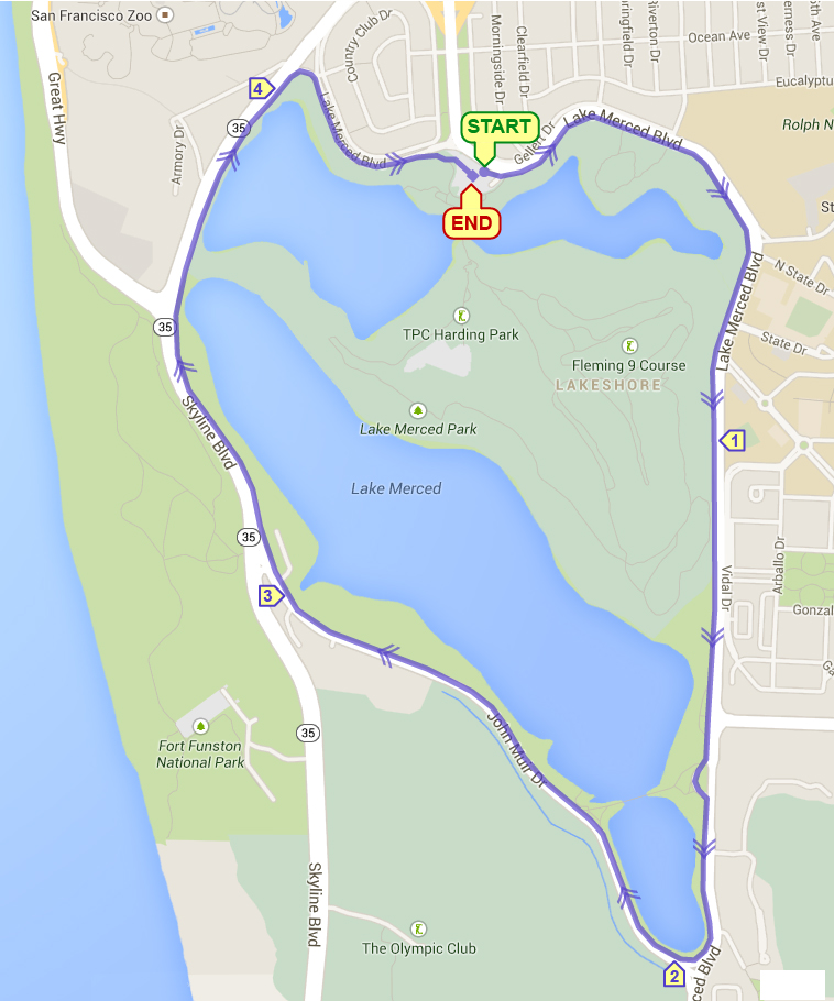 Course Map for Lake Merced Single Loop